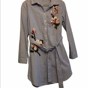 Floral Embroidery Belted Shirts Dress